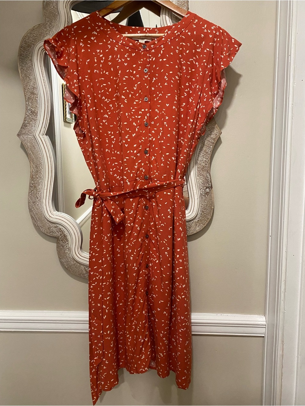 LOFT Rust Orange Button-Front Dress with Tie Waist